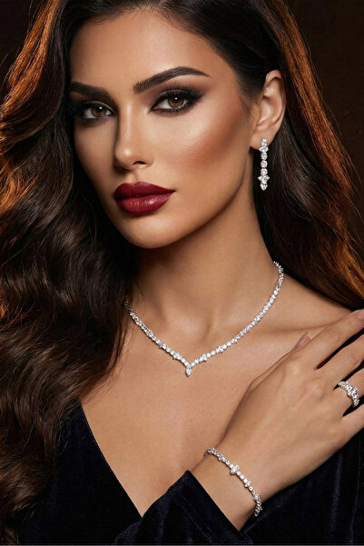 Happyline Set Kolye V Model Takım Zirkon Taşlı Hediyelik Özel Tasarım Gümüş K...