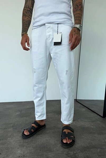 MADZEYMODA Denim Fabric Ripped Detailed White Boyfriend Jean Jeans Pants Mz394