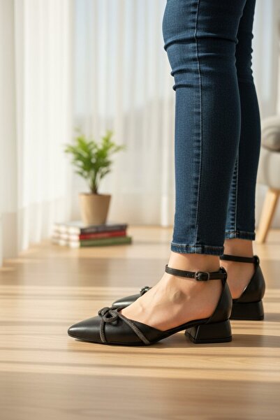 enoch Women's Stoned Knot Detailed Pointed Toe Low Thick Heeled Ankle Strap S...