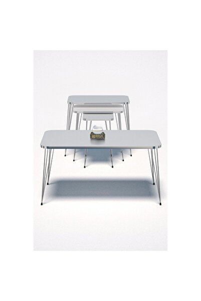 GOLDFALEZ Zigon Sehpa Kr ve Orta Sehpa Kr Set Gümüş Beyaz Tel