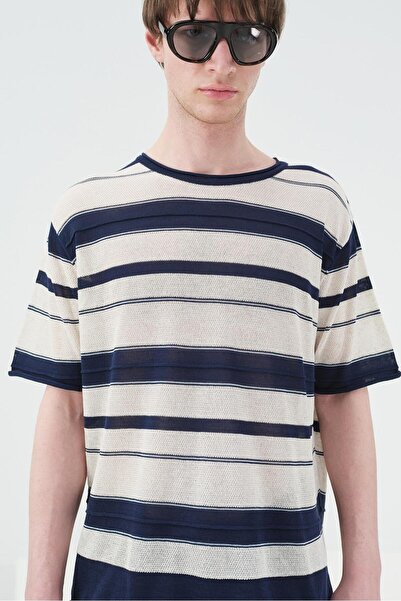 GIESTO Striped Draped Navy Blue Linen Tricot T-Shirt