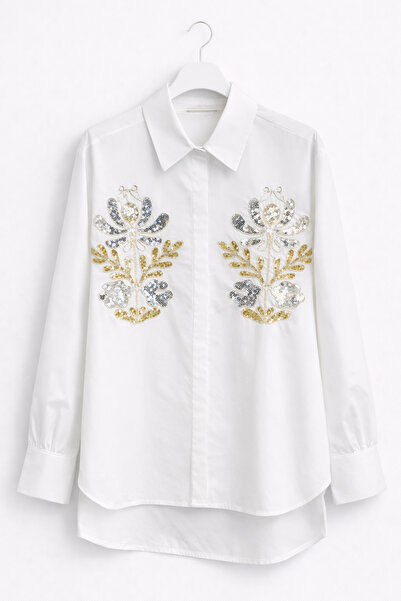 günay boutıque Italian Cotton Sequin Patterned White Shirt