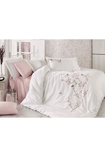 Dantela Σετ Παπλωματοθήκης από Βαμβακερό Σατέν με Κέντημα Πεταλούδα 3D - Κρεμ...