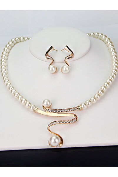 FridayIn Gold Tone Pearl Jewelry Set with Crystal Accents Necklace & Drop Ear...