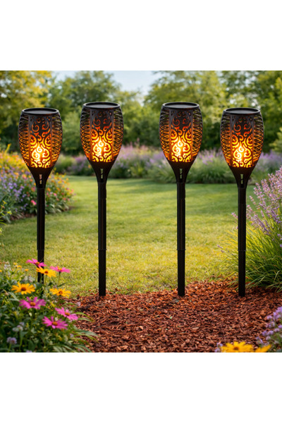 MODALITE Set 4 lampi solare LED tip flacara, Senzor lumina, IP65, Energie sol...