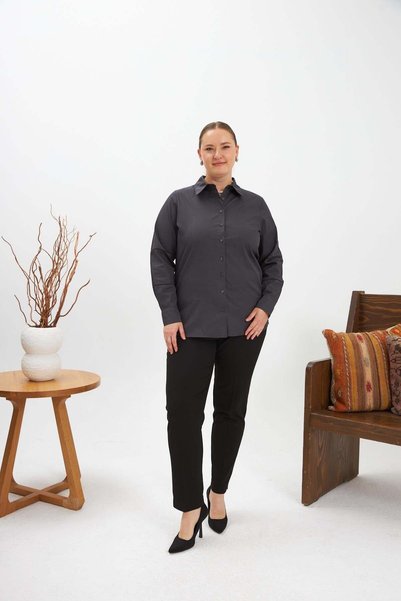 RMG Large Size Shirt with Crochet Sleeve Detail Anthracite
