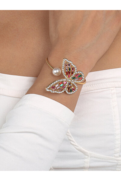 FridayIn Gold Tone Butterfly Cuff Bracelet with Colorful Crystals & Pearl Acc...
