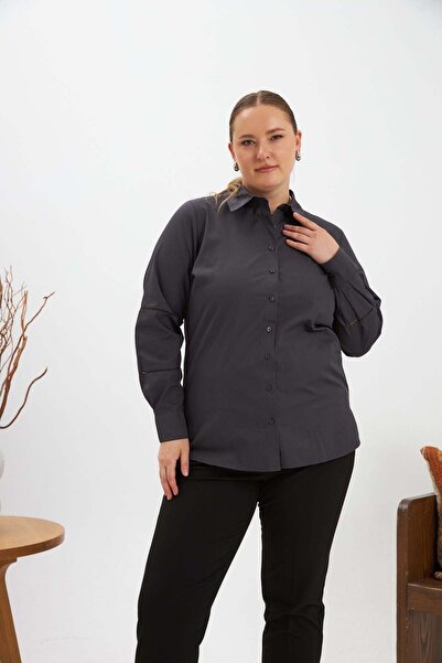RMG Large Size Shirt with Crochet Sleeve Detail Anthracite