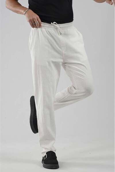 king brich Elastic Waist Regular Fit Cotton Linen Trousers