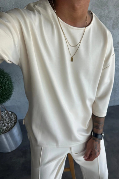 MADZEYMODA Men's Oversize Fit Oyaho Fabric Ecru T-Shirt Ke-7001