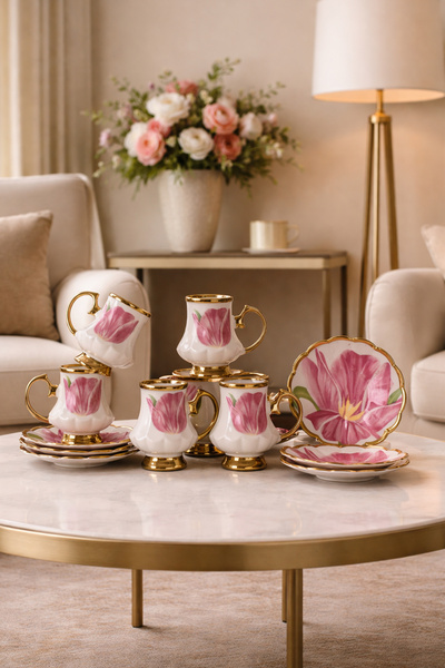 Porsima 16987 Otto Altın Yaldızlı Porselen 6 Kişilik Fincan Seti 12 Parça Tür...