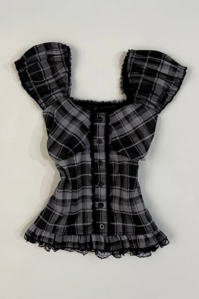 Gofeel Women's Plaid Patterned Lace Ruffle Buttoned Crop Blouse