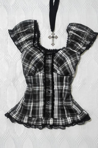 Gofeel Kadın Siyah Beyaz Ekose Dantel Detaylı Crop Bluz