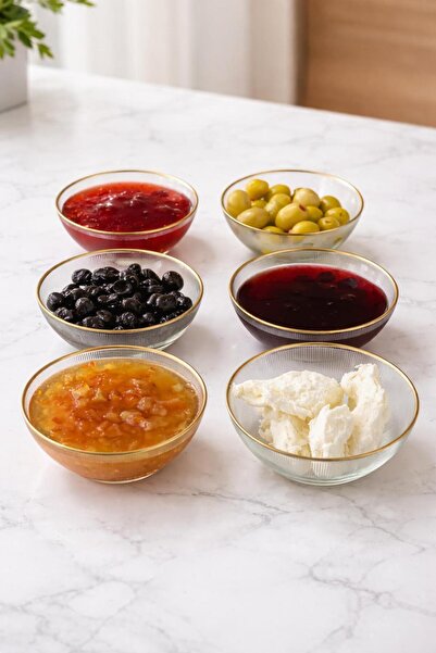 İLİVA Gold Gilded Detailed 6-Piece Glass Bowl Set – 12 cm Modern Design Break...
