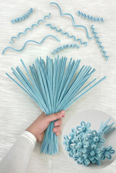 ZEYMERADE 100 Pieces Ice Blue Chenille 30cm, Fuzzy Plush Velvet Wire, Handicr...