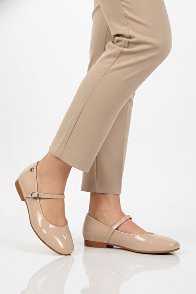 Pierre Cardin Beige Patent Leather Strapped Lightweight Women's Ballerinas Pc...