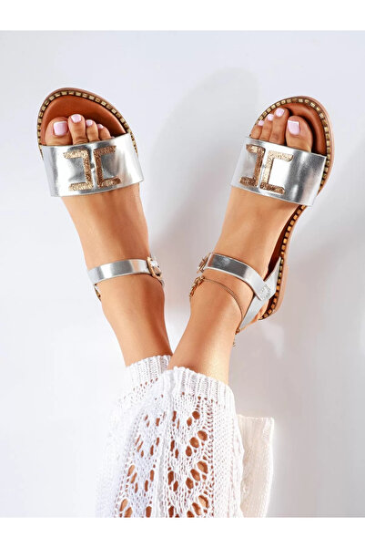 Zaira Γυναικεία ασημένια χαμηλοτάκουνα σανδάλια από οικολογικό δέρμα Arlet # ...