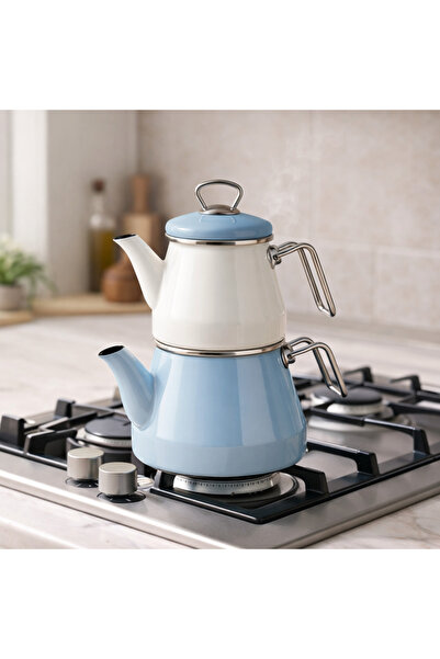 TRENDBULL Enamel Teapot Set: Top Pot 1 Liter, Bottom Pot 2 Liters