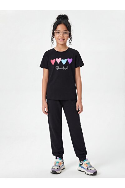panios kids Round Neck T-Shirt and Sweatpants with Print Detail for Girls - T...