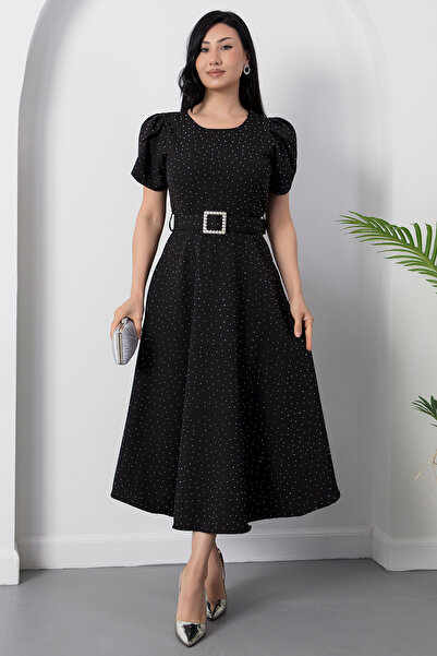 PULLIMM Crew Neck Stoned Belted Crepe Dress 2026-4590