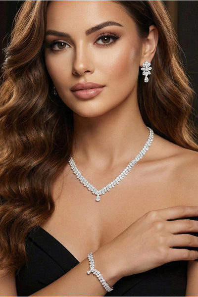 Happyline V Model Set Kolye Takım Zirkon Taşlı Hediyelik Özel Tasarım Gümüş K...