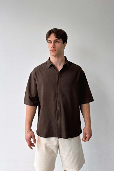Flaw Wear Basic Oversize Kısa Kol Keten Gömlek Koyu Kahve