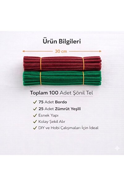 WAXERA 100 Adet Bordo Gül Şönil Seti –Bordo ve Zümrüt Yeşili – 30 cm Şönil