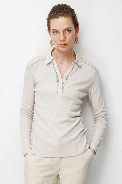 Desen Triko Women's Polo Collar Embroidered Cotton Combed Blouse Beige
