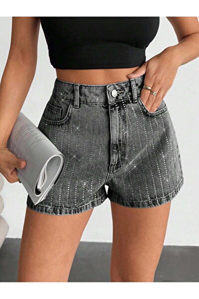 connemara Kadın Yüksek Bel Taş Detaylı Siyah Denim Şort Parlak Görünümlü Şık ...