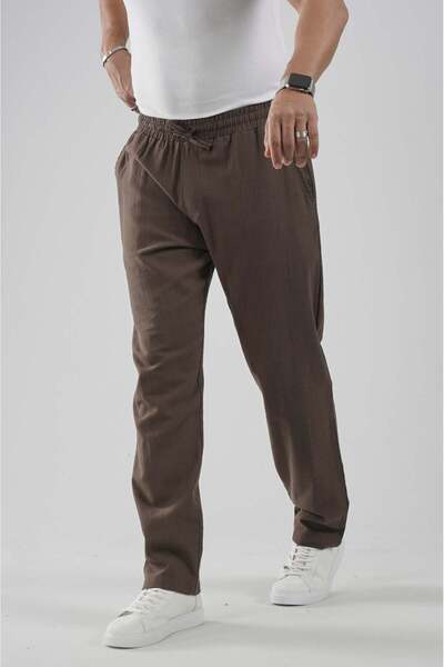 king brich Elastic Waist Regular Fit Cotton Linen Trousers