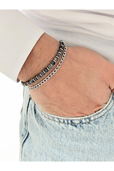 FERRO سوار رجالي من الفولاذ باللونين الفضي والرمادي FRJ10168A-A مع عبوة هدايا...