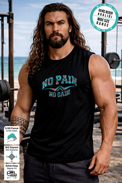 BESSA قميص رياضي أسود مطبوع عليه عبارة No Pain No Gain برقبة دائرية من القطن ...