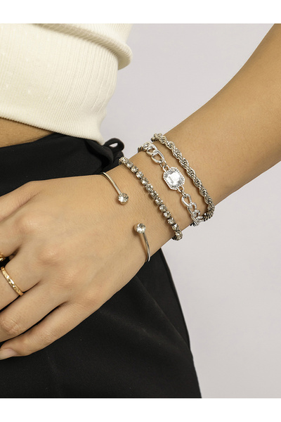 FridayIn 4Pcs Stackable Bracelet Set with Crystal Accents Chunky Chain Cuff f...