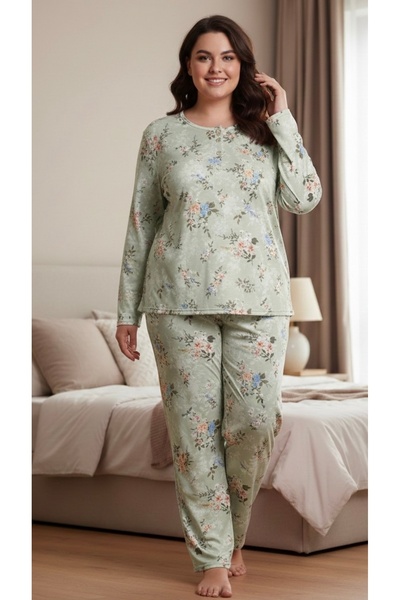 Hukateks Green Flowers 3 Buttons Plus Size Long Sleeve Pajama Set