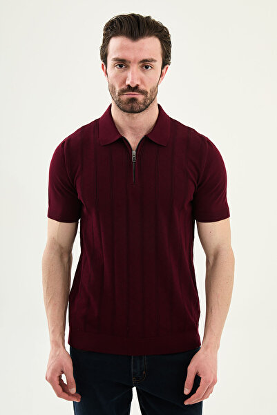 Mcr Patterned Slim Fit Polo Collar Zippered Men's Knitwear T-Shirt Claret Red...