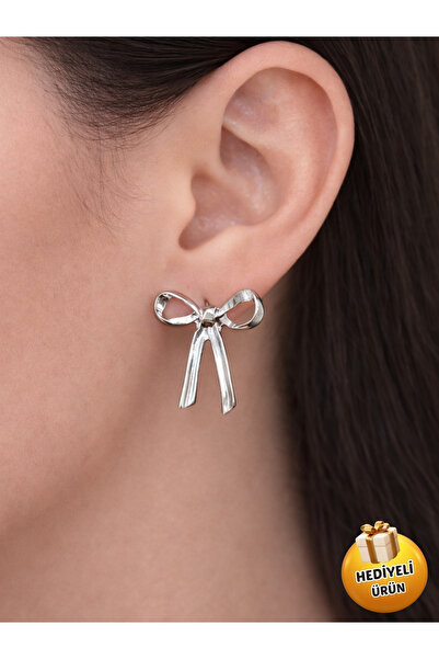Piercing Market Steel & Silver Special Design Bow Figured Gift Earrings
