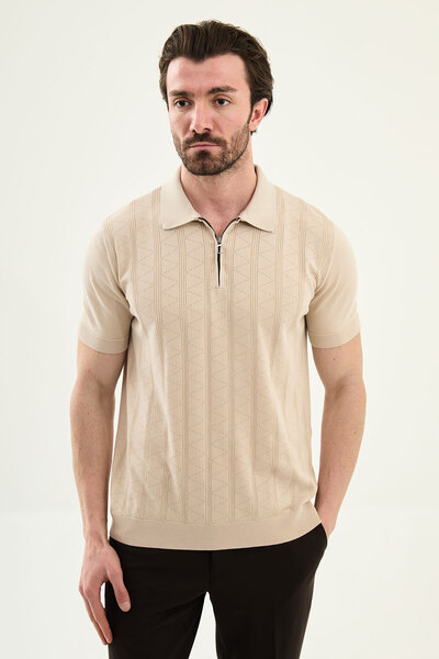 Mcr Patterned Slim Fit Polo Collar Zippered Men's Knitwear T-Shirt Beige - 11...
