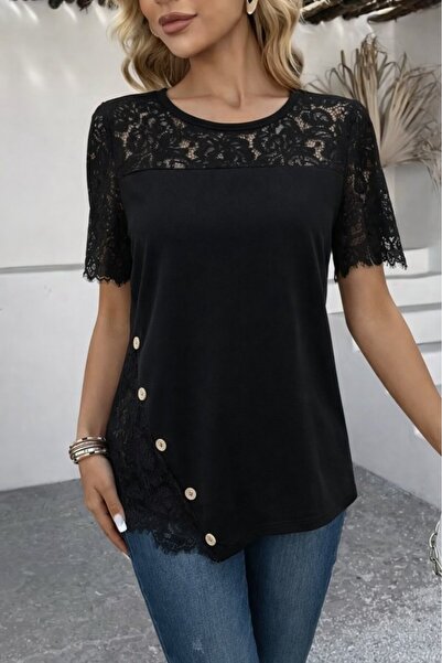 Modayakamoz Women's Short Sleeve Lace Detailed Side Buttoned Waffle Blouse