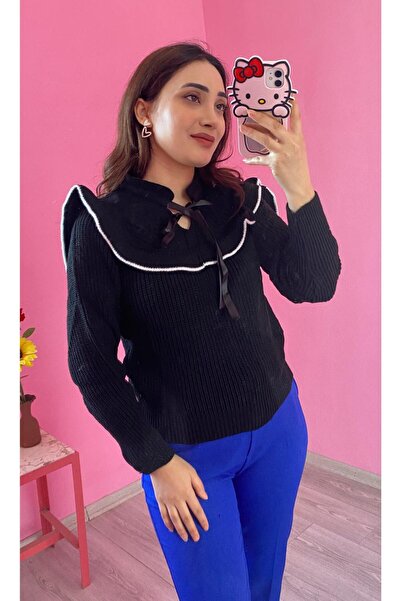 EGELİMODA Black Knitwear Sweater with Bow and Ribbon