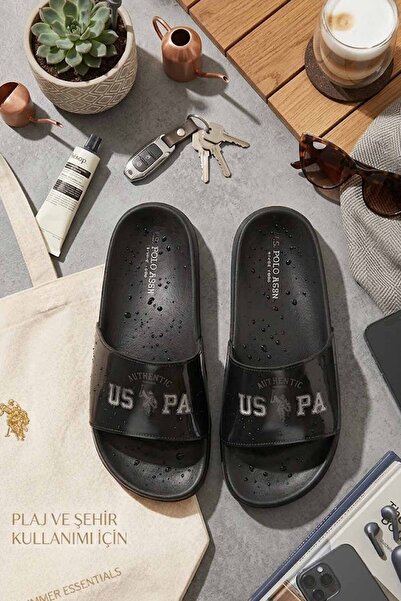 U.S. Polo Assn. Papuci de damă negri cu logo autentic - Papuci confortabili d...