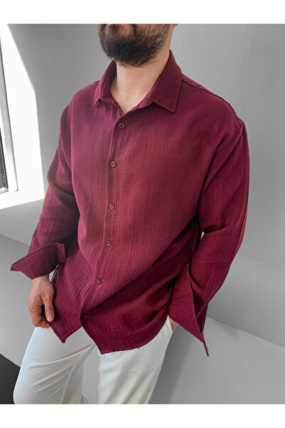 NO1 KONSEPT Μπορντό λινό πουκάμισο με μακριά μανίκια και oversized εφαρμογή