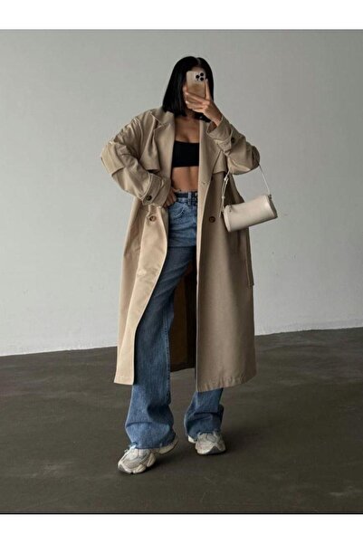 Markasız ucuz Kadın Bej Oversize Uzun Trençkot