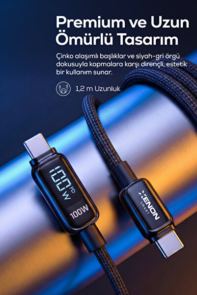 Xenon Smart Type-C to Type-C Hızlı Şarj Kablosu | 100W PD, 1.2m, 480Mbps, Led Gösterge, Örgü (X6428)