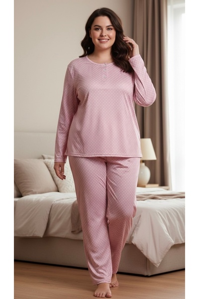 Hukateks Pink Polka Dot 3 Buttons Plus Size Long Sleeve Pajama Set