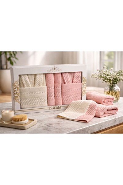 Constanza Exclusive Eva Gold 6 Piece Cotton Straw Pattern Bathrobe - Towel Se...