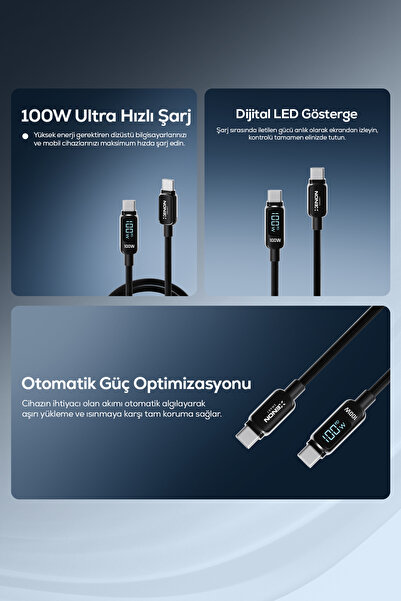 Xenon Smart Type-C to Type-C Hızlı Şarj Kablosu | 100W PD, 1.2m, 480Mbps, Led Gösterge, Örgü (X6428)