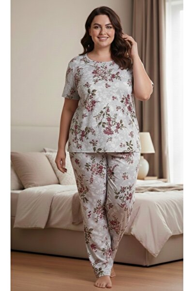 Hukateks Gray Flowery 3-Button Plus Size Short Sleeve Pajama Set