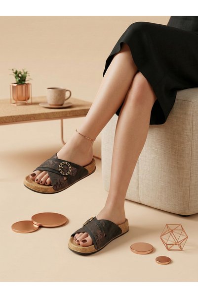 mollissoft Women's Anatomical Cork Sole Cross-Strapped Buckle Casual Slippers