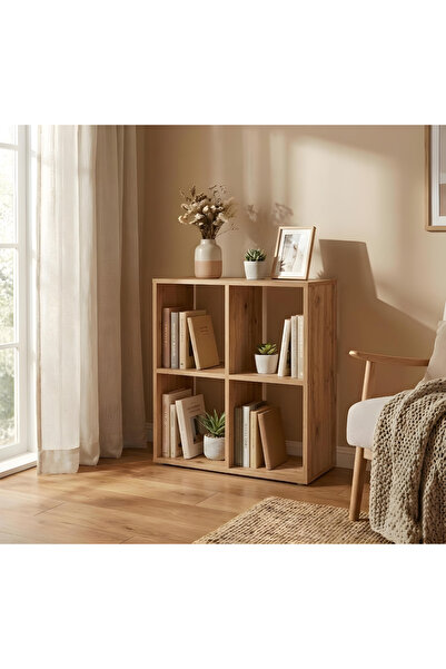 Ysf Ravoni Home Premium %100 MDF 4 Bölmeli Kare Raf ve Kitaplık - Modern Meşe...