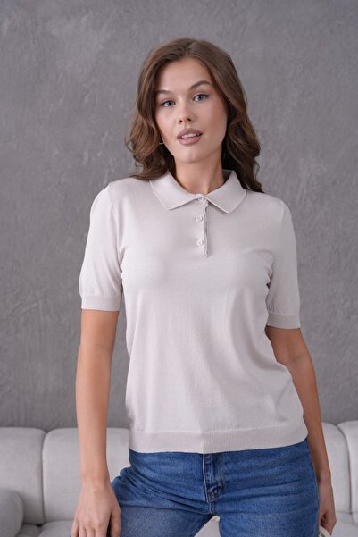 Noi Belis Soft Textured Half Placket Buttoned Knitwear Blouse Ss26Bz0085